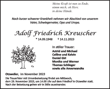 Traueranzeige von Adolf Friedrich Kreuscher von Wochenspiegel