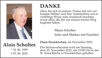 Traueranzeige von Alois Scholtes von Wochenspiegel