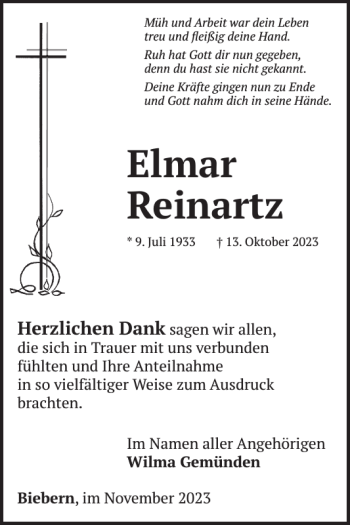 Traueranzeige von Elmar Reinartz von Wochenspiegel