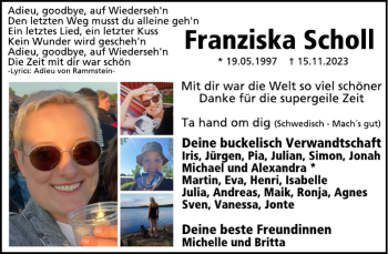 Traueranzeige von Franziska Scholl von Wochenspiegel