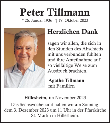 Traueranzeige von Peter Tillmann von Wochenspiegel