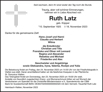 Traueranzeige von Ruth Latz von Wochenspiegel