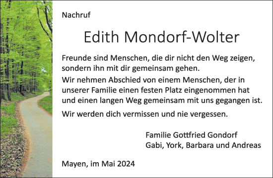 Traueranzeige von Edith Mondorf-Wolter von WochenSpiegel