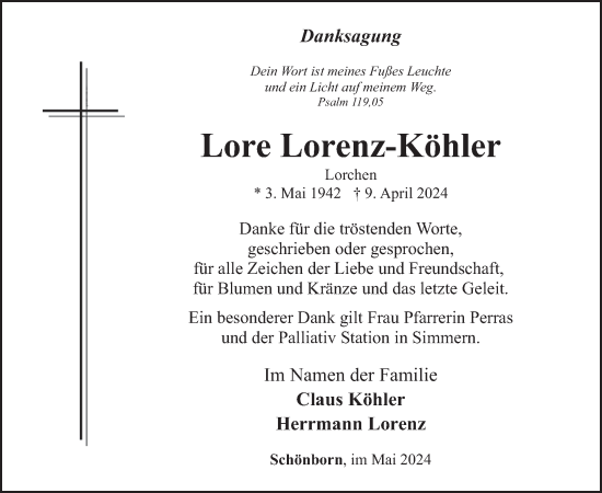 Traueranzeige von Lore Lorenz-Köhler von WochenSpiegel