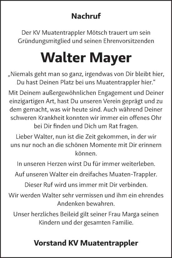 Traueranzeige von Walter Mayer von WochenSpiegel