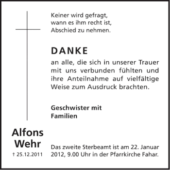 Traueranzeige von Alfons Wehr von WochenSpiegel