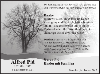 Traueranzeige von Alfred Pid von WochenSpiegel