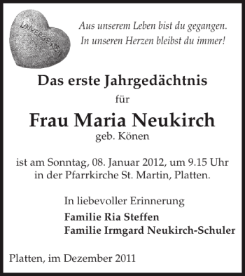 Traueranzeige von Frau Maria Neukirch von WochenSpiegel