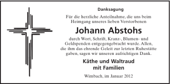 Traueranzeige von Johann Abstohs von WochenSpiegel