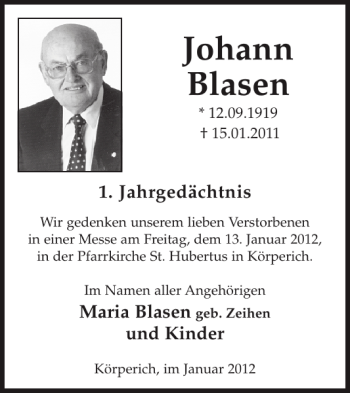 Traueranzeige von Johann Blasen von WochenSpiegel