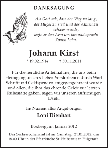 Traueranzeige von Johann Kirst von WochenSpiegel