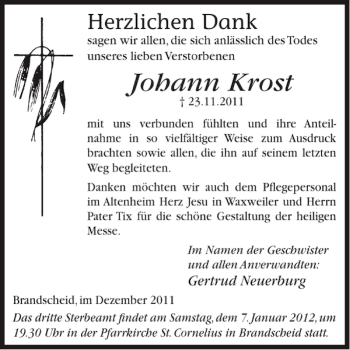 Traueranzeige von Johann Krost von WochenSpiegel