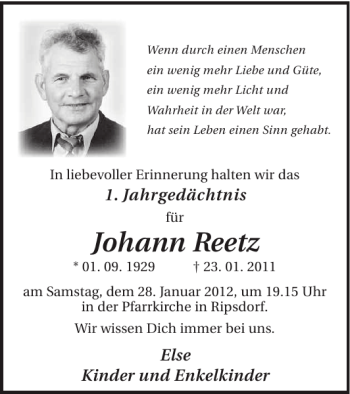 Traueranzeige von Johann Reetz von WochenSpiegel