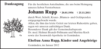 Traueranzeige von Johann Rupp von WochenSpiegel