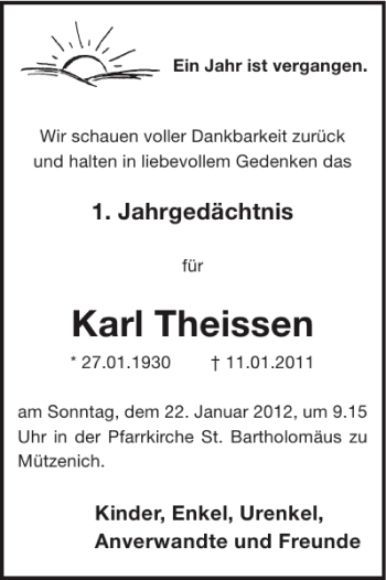 Traueranzeige von Karl Theissen von WochenSpiegel