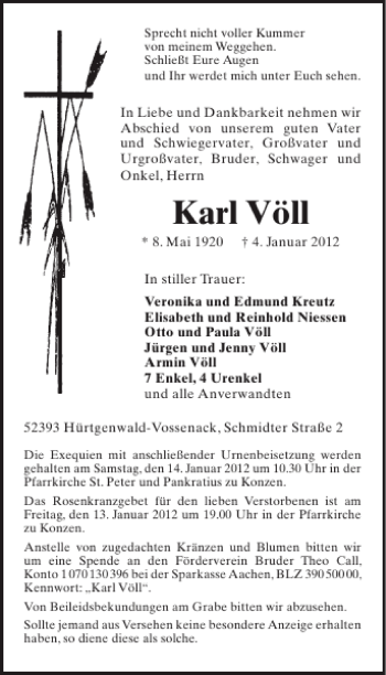 Traueranzeige von Karl Völl von WochenSpiegel