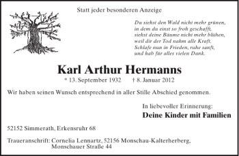 Traueranzeige von Karl Arthur Hermanns von WochenSpiegel