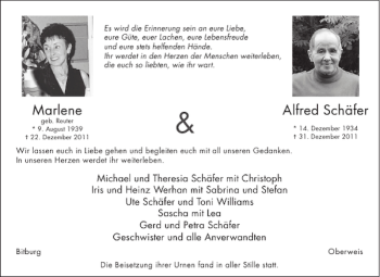 Traueranzeige von Marlene Alfred Schäfer von WochenSpiegel