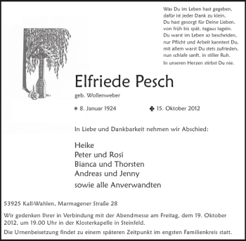 Traueranzeige von Elfriede Pesch von WochenSpiegel