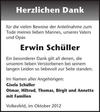 Traueranzeige von Erwin Schüller von WochenSpiegel