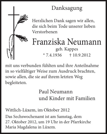 Traueranzeige von Franziska Neumann von WochenSpiegel