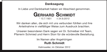 Traueranzeige von Gerhard Schmidt von WochenSpiegel