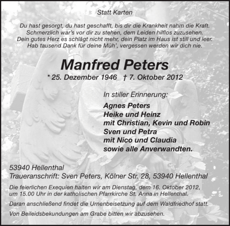  Traueranzeige für Manfred Peters vom 10.10.2012 aus WochenSpiegel