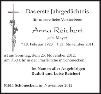 Traueranzeige von Anna Reichert von WochenSpiegel