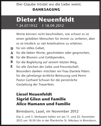 Traueranzeige von Dieter Neuenfeldt von WochenSpiegel