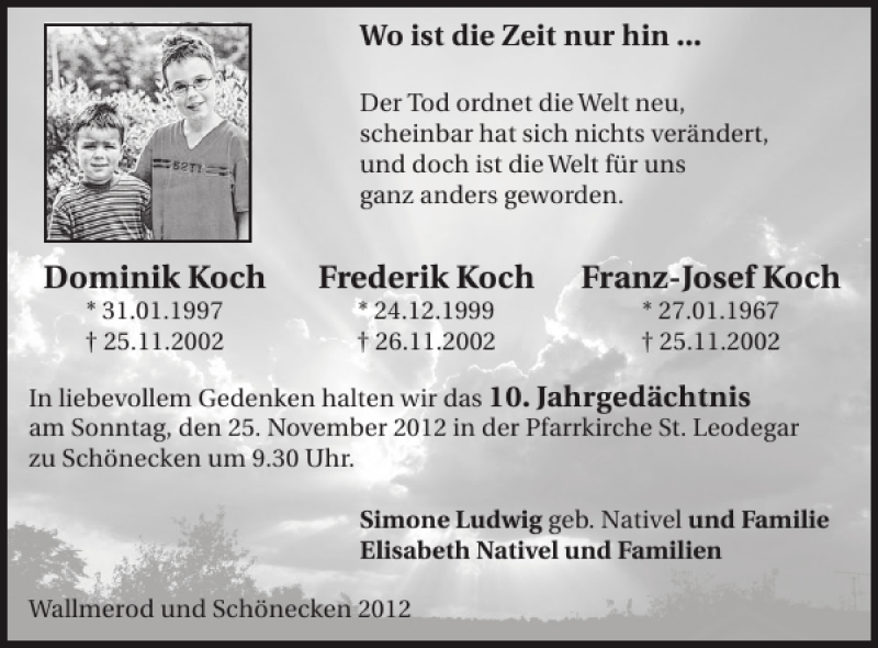 Traueranzeige für Dominik Koch Frederik KochFranz-Josef Koch vom 21.11.2012 aus WochenSpiegel