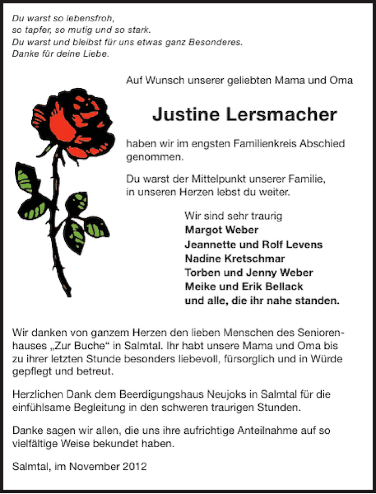  Traueranzeige für Justine Lersmacher vom 14.11.2012 aus WochenSpiegel