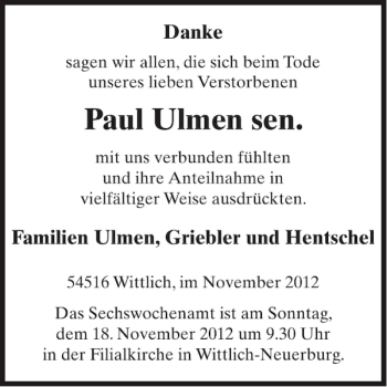 Traueranzeige von Paul Ulmen sen von WochenSpiegel