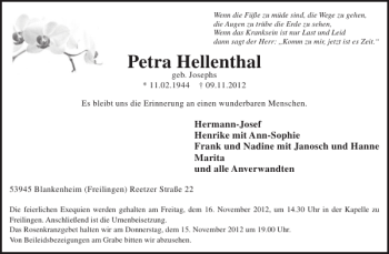 Traueranzeige von Petra Hellenthal von WochenSpiegel