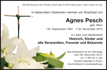 Traueranzeige von Agnes Pesch von WochenSpiegel