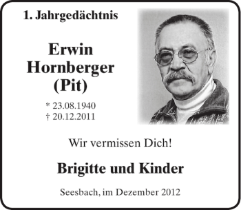 Traueranzeige von Erwin Hornberger Pit von WochenSpiegel