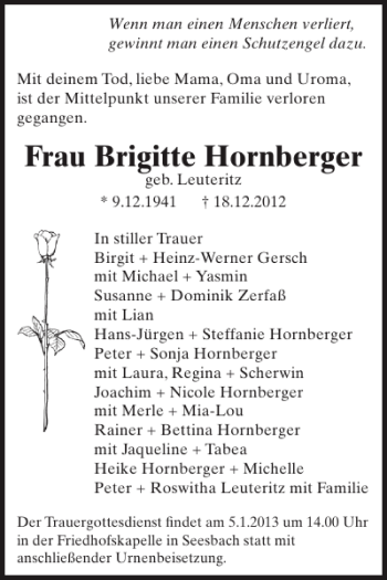 Traueranzeige von Frau Brigitte Hornberger von WochenSpiegel