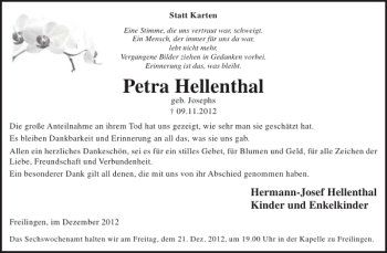 Traueranzeige von Petra Hellenthal von WochenSpiegel