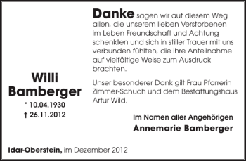 Traueranzeige von Willi Bamberger von WochenSpiegel