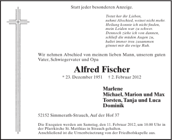 Traueranzeige von Alfred Fischer von WochenSpiegel