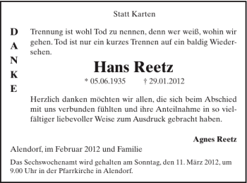 Traueranzeige von Hans Reetz von WochenSpiegel