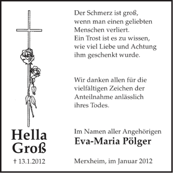 Traueranzeige von Hella Groß von WochenSpiegel