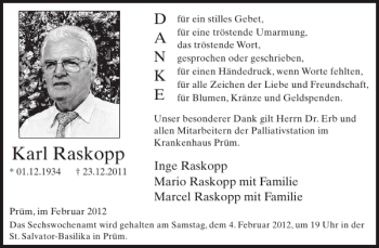 Traueranzeige von Karl Raskopp von WochenSpiegel