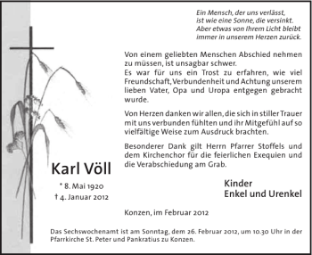 Traueranzeige von Karl Völl von WochenSpiegel