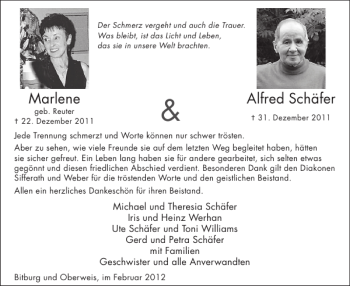 Traueranzeige von Marlene Alfred Schäfer von WochenSpiegel