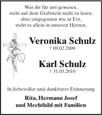 Traueranzeige von Veronika Schulz Karl Schulz von WochenSpiegel