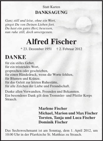 Traueranzeige von Alfred Fischer von WochenSpiegel