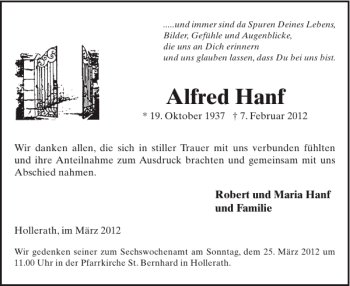 Traueranzeige von Alfred Hanf von WochenSpiegel