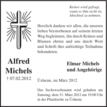 Traueranzeige von Alfred Michels von WochenSpiegel