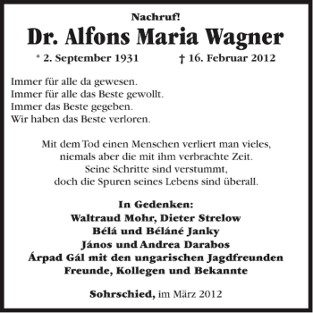 Traueranzeige von Dr. Alfons Maria Wagner von WochenSpiegel