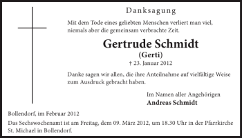 Traueranzeige von Gertrude Schmidt von WochenSpiegel